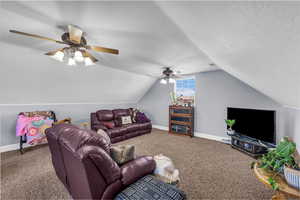 Carpeted living room featuring vaulted ceiling and ceiling fan