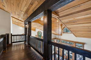 Hall featuring wood ceiling, lofted ceiling, and dark wood finished floors