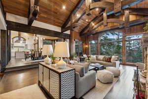 Living room featuring high vaulted ceiling, a wood ceiling with exposed beams, plenty of natural light, wood-type flooring, and wood walls