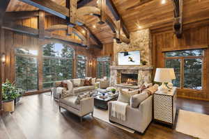 Living area featuring a wooden ceiling with exposed beams, high vaulted ceiling, wood finished floors, a fireplace, and wooden walls
