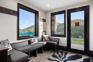 Living area featuring a mountain view