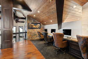Office space with wood-type flooring, wood ceiling, recessed lighting, and built in study area