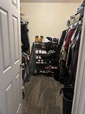 Spacious closet with dark carpet