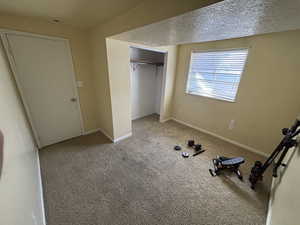Unfurnished bedroom featuring carpet flooring, a closet, and a textured ceiling