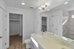 Full bathroom featuring a spacious closet, vanity, light wood-style flooring, and a tile shower