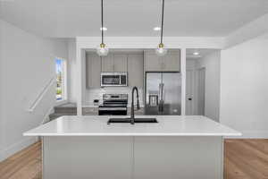 Kitchen with gray cabinets, appliances with stainless steel finishes, an island with sink, light wood-type flooring, and recessed lighting