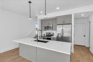 Kitchen featuring gray cabinetry, stainless steel appliances, backsplash, light wood-style flooring, and decorative light fixtures
