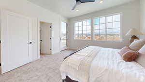Carpeted bedroom with access to exterior, ceiling fan, and recessed lighting