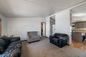 Living area featuring carpet floors and lofted ceiling