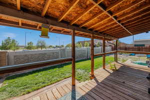 Wooden terrace with a fenced backyard