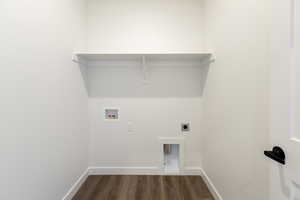 Laundry room featuring dark wood-style floors, electric dryer hookup, and washer hookup