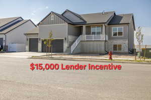 Craftsman-style home with stone siding, covered porch, concrete driveway, a garage, and roof with shingles