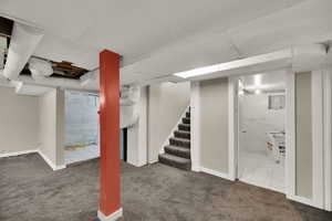 Finished below grade area with stairway and carpet floors