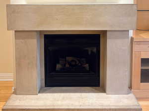 Detailed view of wood finished floors and a fireplace with raised hearth