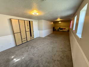 Below grade area featuring carpet flooring and a textured ceiling