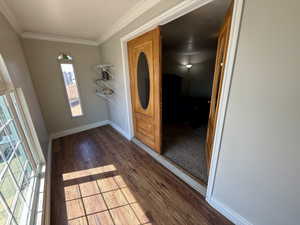 Entryway featuring crown molding and wood finished floors