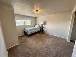Carpeted bedroom with a textured ceiling and baseboards