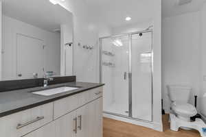 Bathroom with light wood-type flooring, vanity, and a stall shower