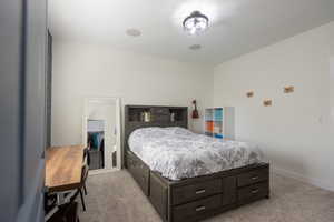 Bedroom featuring light colored carpet and a spacious closet