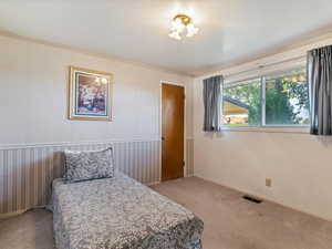 Bedroom featuring carpet flooring and ornamental molding