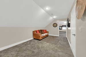 Sitting room with carpet flooring, vaulted ceiling, and a baseboard heating unit