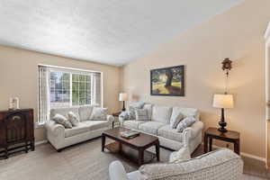 Living room with vaulted ceiling and window seat