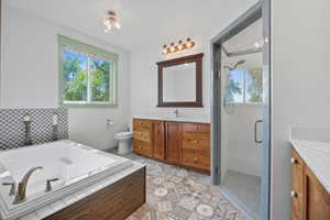Owner's Bathroom featuring vanity, a stall shower, and a bath