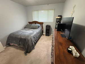 Bedroom featuring light carpet and a textured ceiling