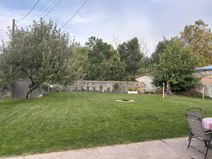 Fenced backyard featuring a shed and a fire pit