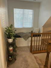 Stairs with carpet flooring and baseboards