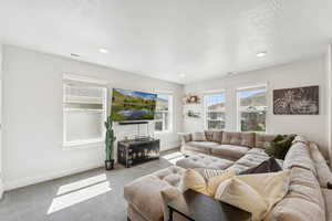 Carpeted living room featuring a textured ceiling and recessed lighting