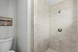 Full bathroom with toilet and a tile shower