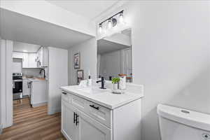 Bathroom featuring vanity and dark wood-type flooring