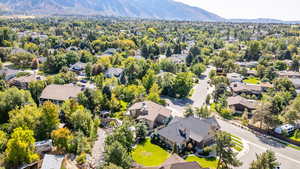 Aerial perspective of suburban area with a mountain backdrop