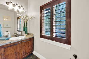 Half bathroom with vanity, plenty of natural light, and dark tile patterned floors