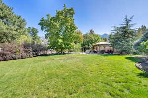 View of yard with a gazebo, a patio, and a mountain view
