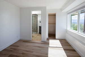 Unfurnished bedroom featuring a walk in closet, light wood-type flooring, and connected bathroom