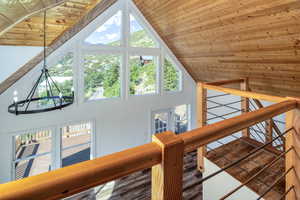 Interior space with wooden ceiling and high vaulted ceiling