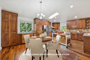 Virtually-staged dining space with an kitchen island.