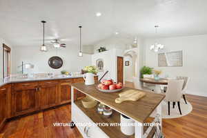Virtually-staged kitchen island and dining table.