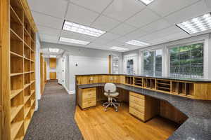 Office featuring built in desk, a drop ceiling, light wood-style flooring, and light carpet