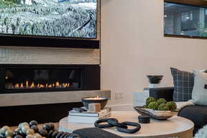 Detailed view of a glass covered fireplace