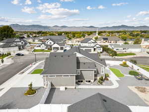Aerial perspective of suburban area featuring mountains