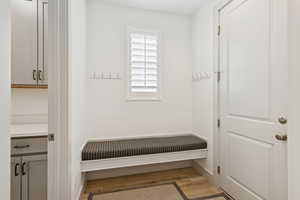 Mudroom featuring  hooks for jackets, keys  etc.