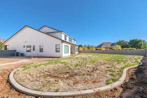 Rear view of house featuring a fenced backyard and stucco siding