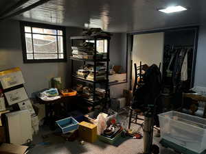 Carpeted bedroom featuring a closet
