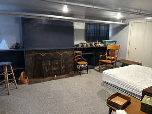 Carpeted large room featuring a closet