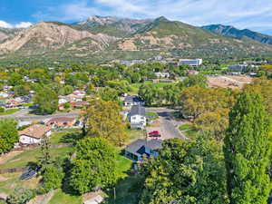 Aerial overview of property's location with a mountain backdrop