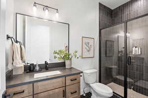 Full bath featuring vanity and a stall shower