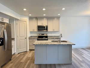 Kitchen with light stone countertops, appliances with stainless steel finishes, recessed lighting, light wood-style flooring, and an island with sink